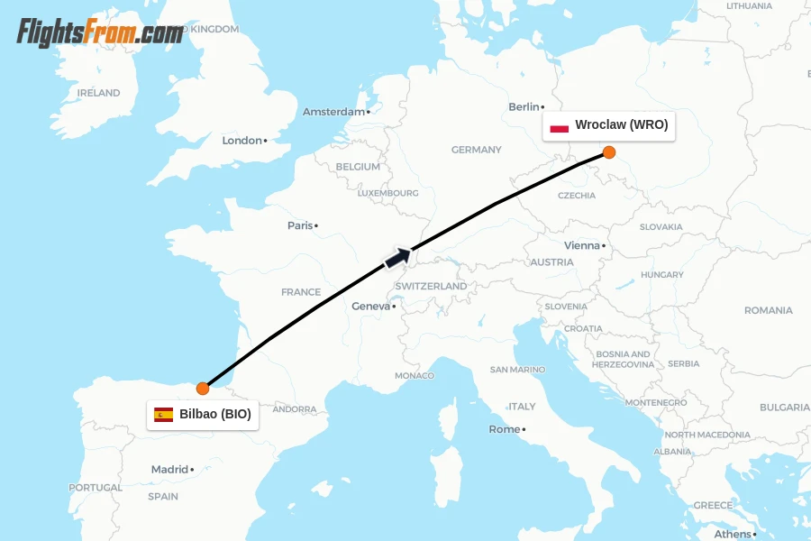 Flights from Bilbao to Wroclaw route map