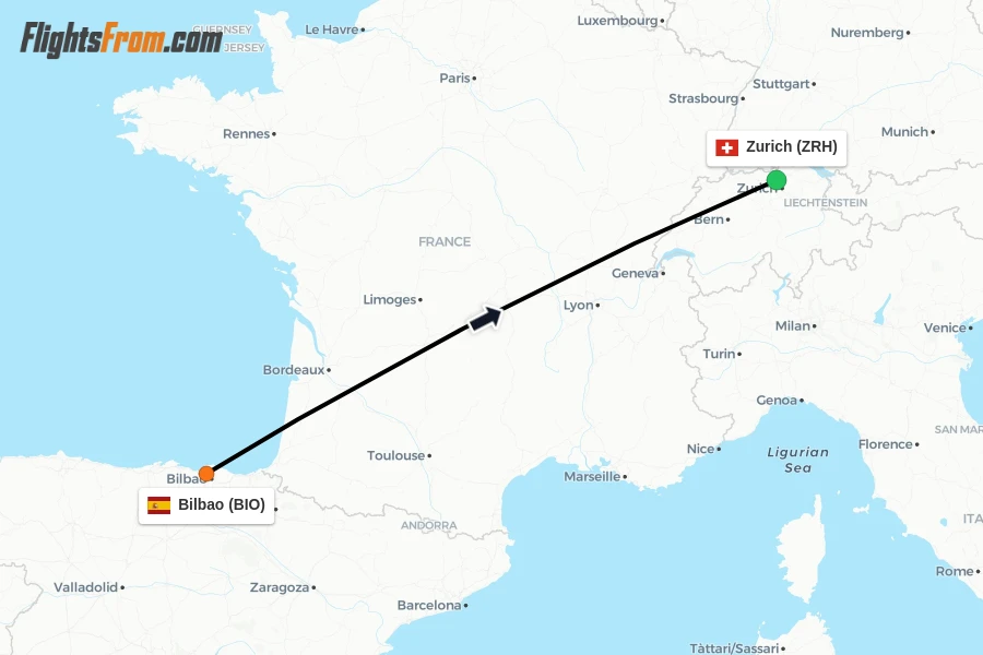 Flights from Bilbao to Zurich route map