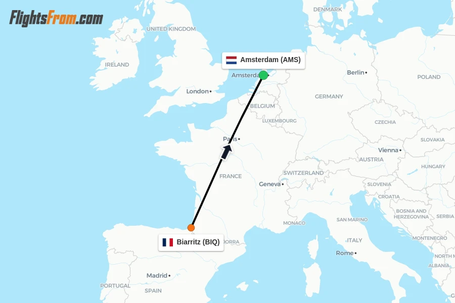 Flights from Biarritz to Amsterdam route map