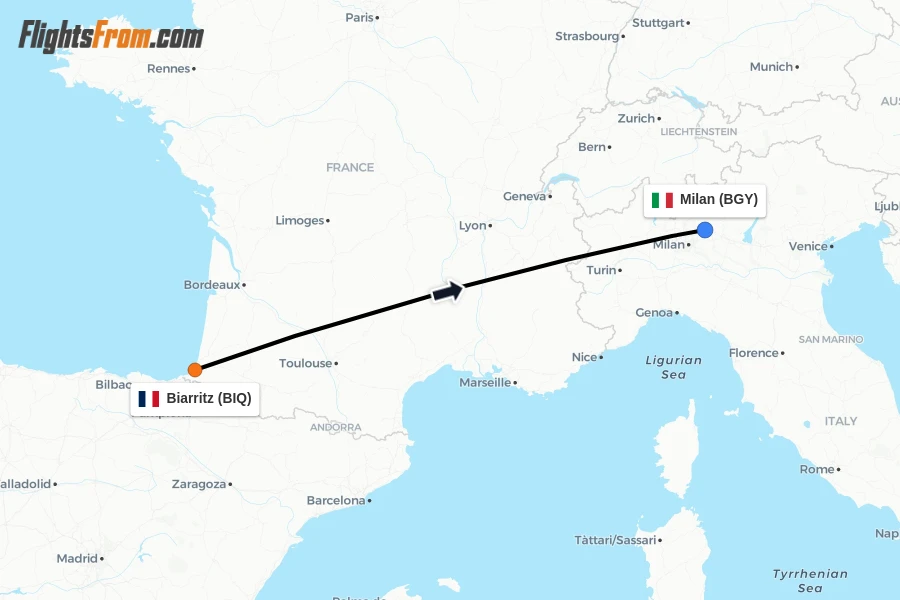 Flights from Biarritz to Milan route map
