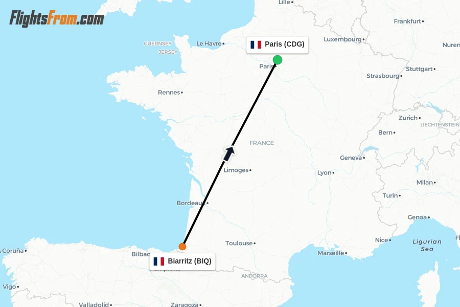 Flights from Biarritz to Paris route map