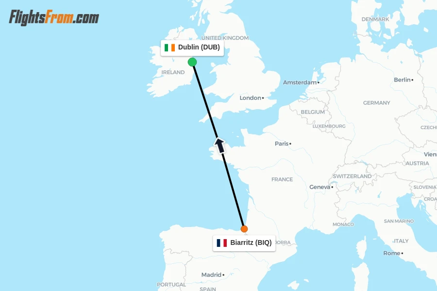 Flights from Biarritz to Dublin route map