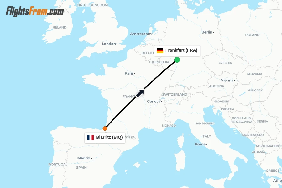 Flights from Biarritz to Frankfurt route map