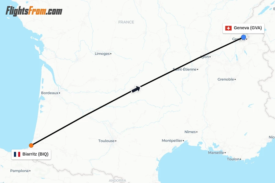 Flights from Biarritz to Geneva route map