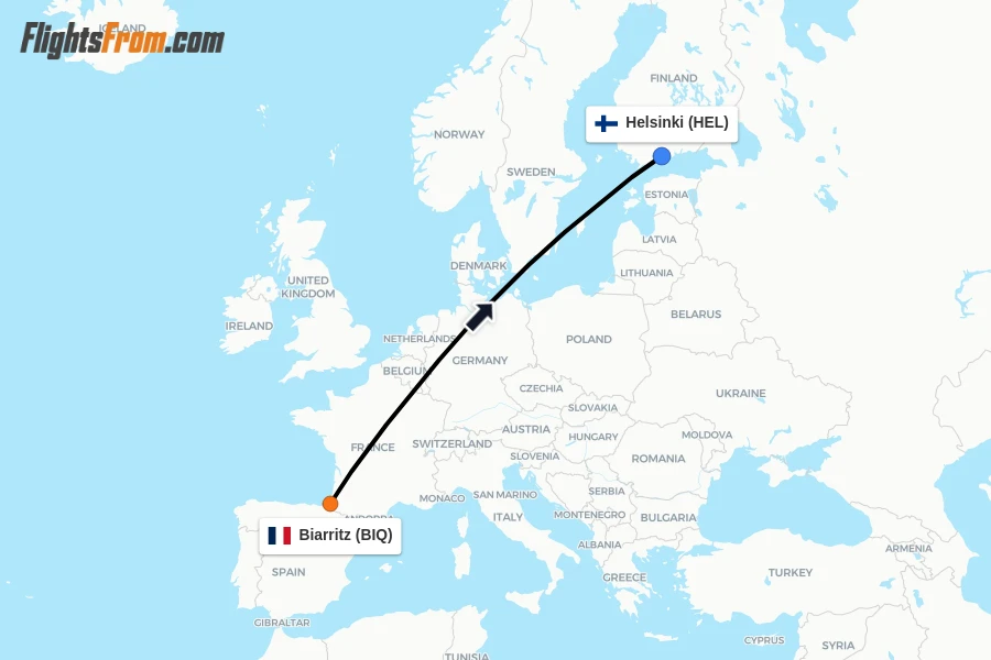 Flights from Biarritz to Helsinki route map