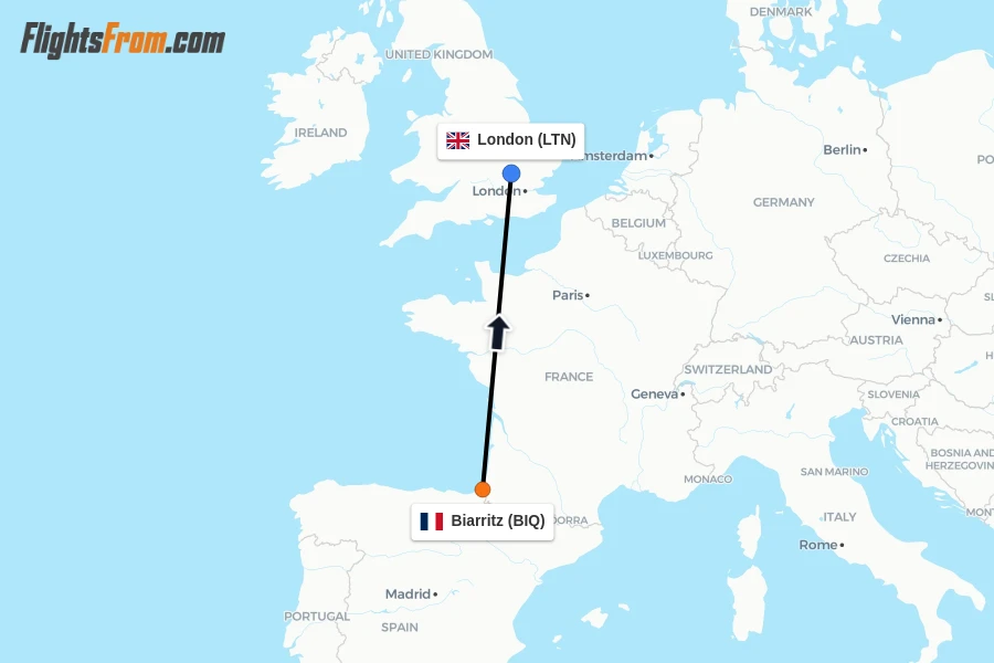 Flights from Biarritz to London route map