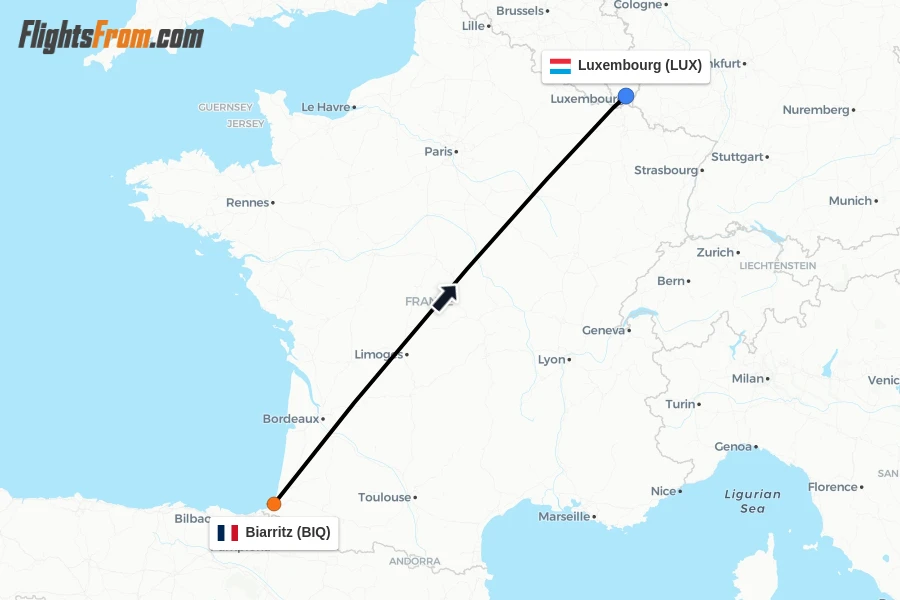 Flights from Biarritz to Luxembourg route map