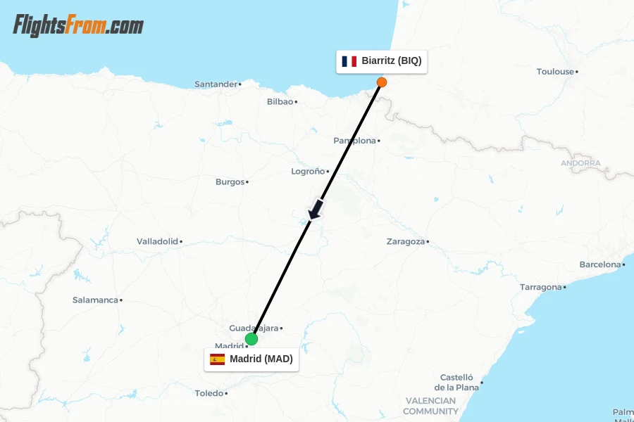 Flights from Biarritz to Madrid route map