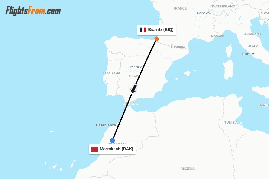 Flights from Biarritz to Marrakech route map