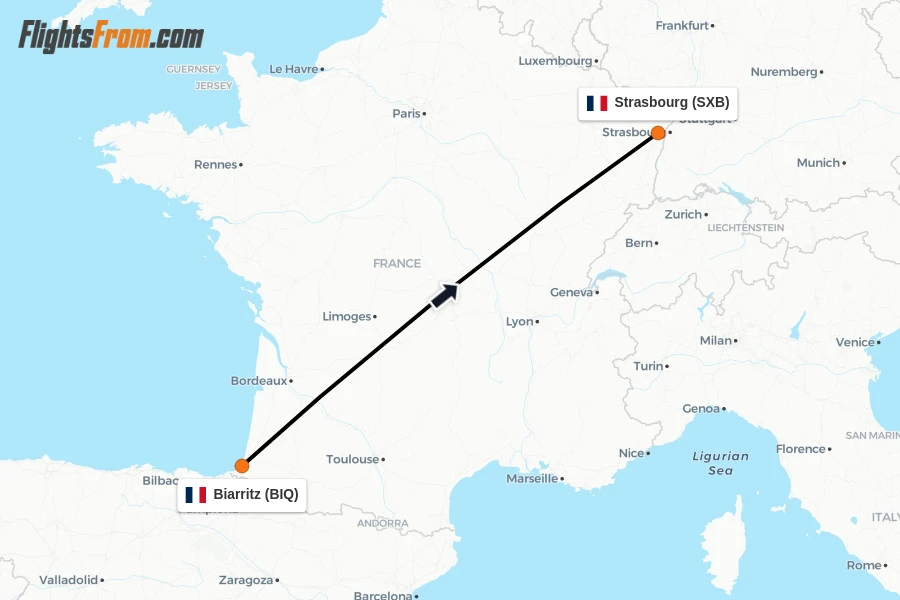 Flights from Biarritz to Strasbourg route map