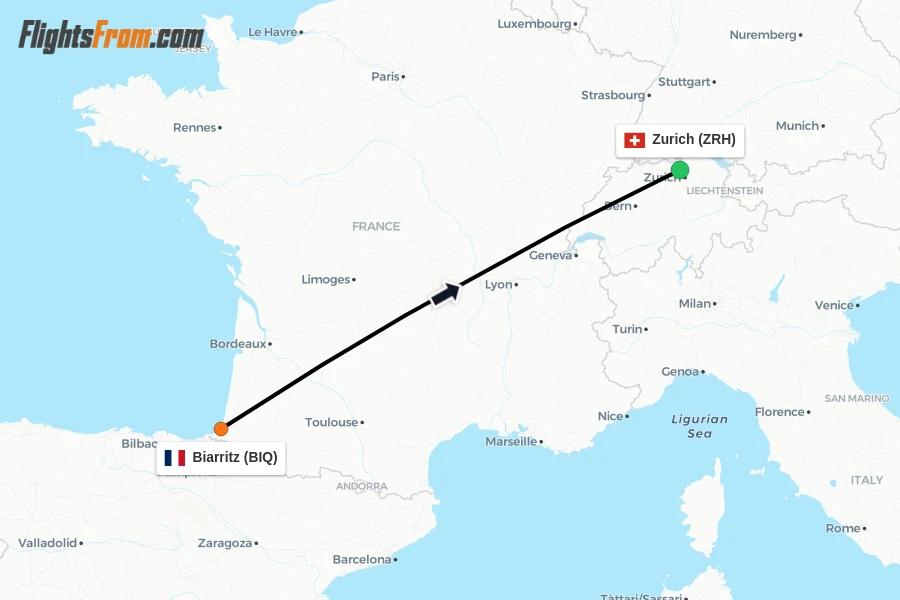 Flights from Biarritz to Zurich route map