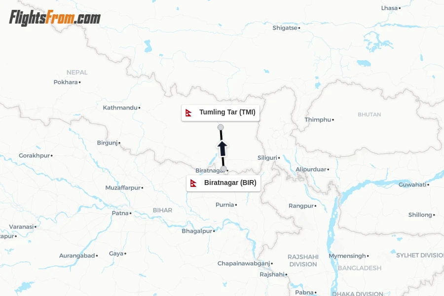 Flights from Biratnagar to Tumling Tar route map