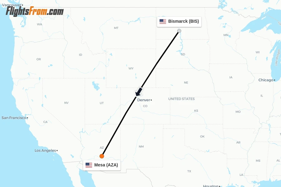 Flights from Bismarck to Mesa route map