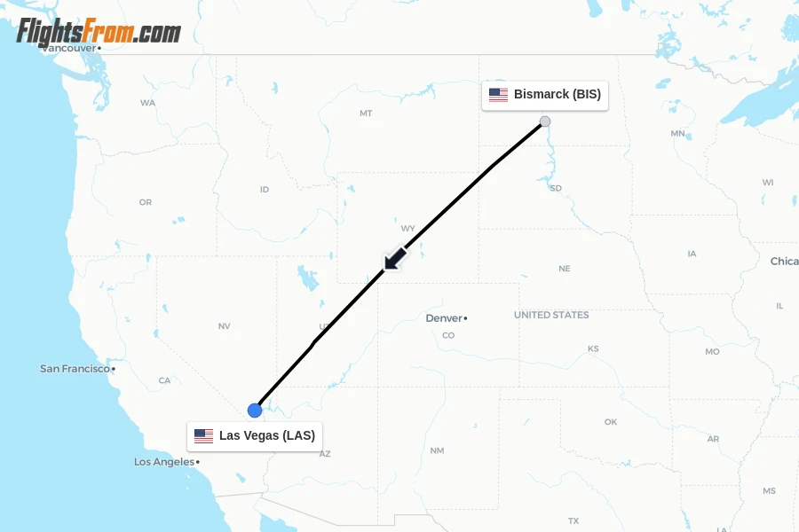 Flights from Bismarck to Las Vegas route map