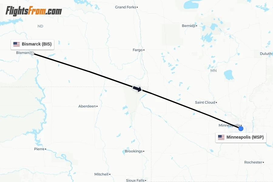 Flights from Bismarck to Minneapolis route map