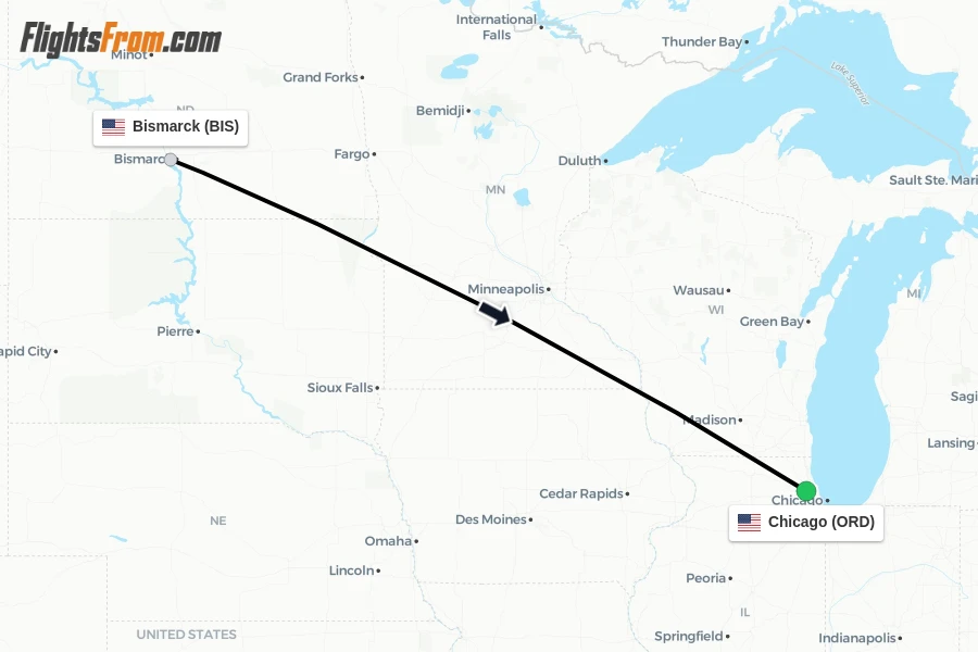 Flights from Bismarck to Chicago route map