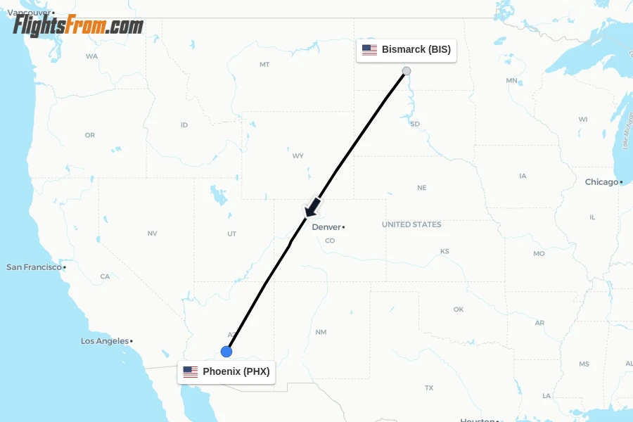 Flights from Bismarck to Phoenix route map