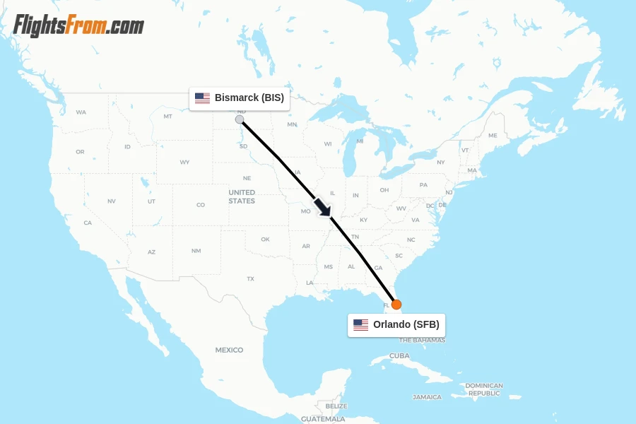 Flights from Bismarck to Orlando route map