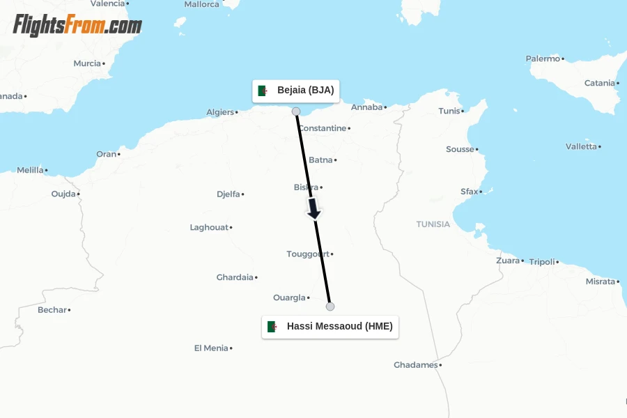 Flights from Bejaia to Hassi Messaoud route map