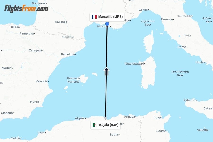 Flights from Bejaia to Marseille route map