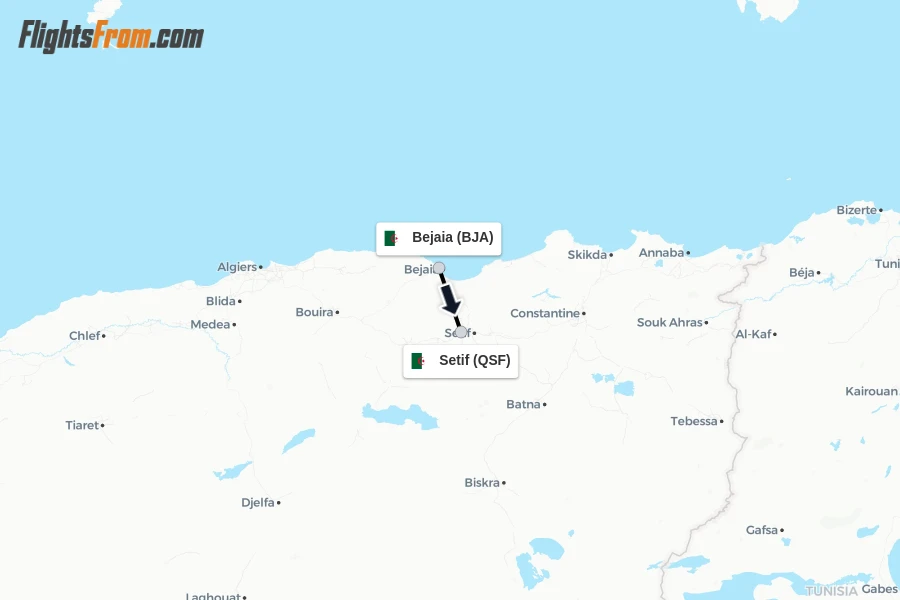 Flights from Bejaia to Setif route map