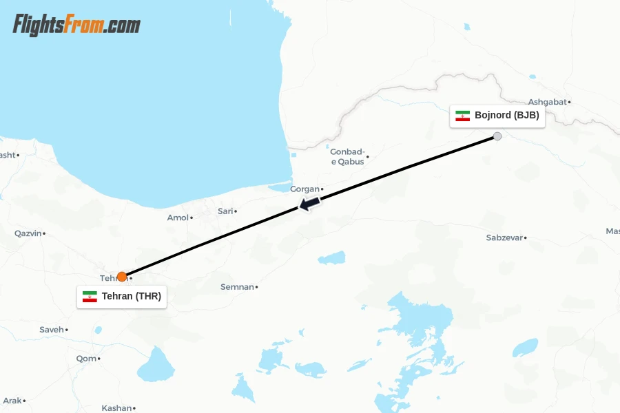Flights from Bojnord to Tehran route map