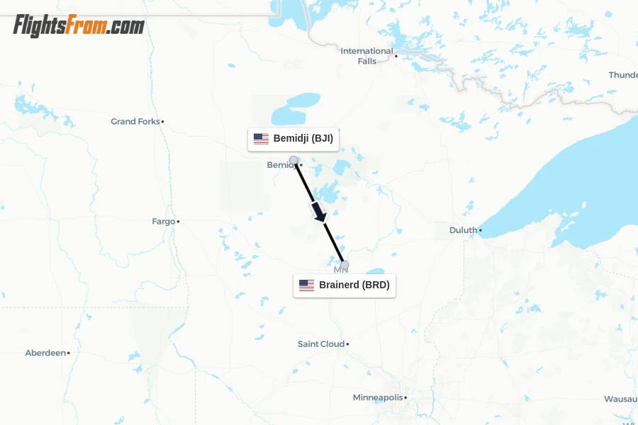 Flights from Bemidji to Brainerd route map