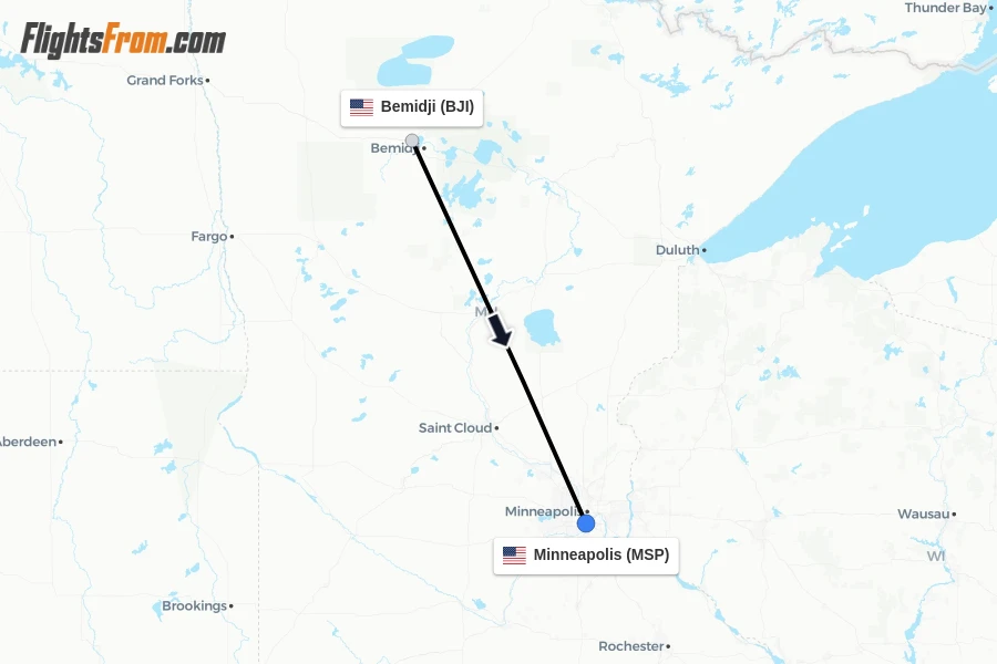 Flights from Bemidji to Minneapolis route map