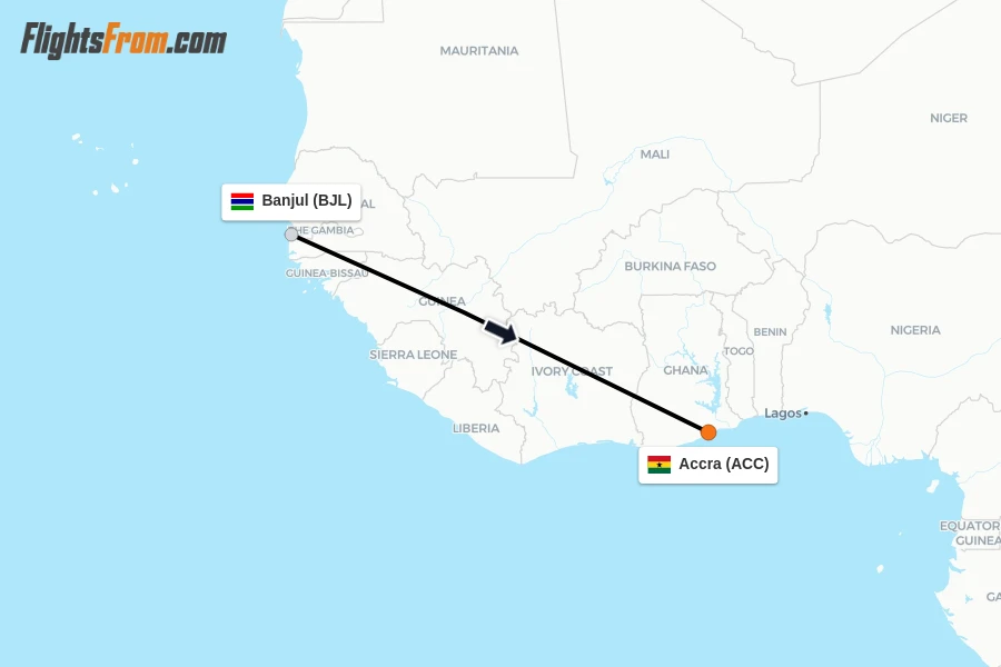 Flights from Banjul to Accra route map