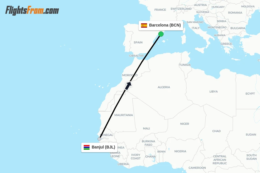 Flights from Banjul to Barcelona route map