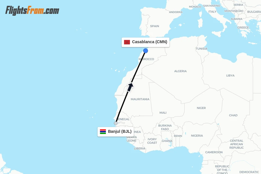 Flights from Banjul to Casablanca route map