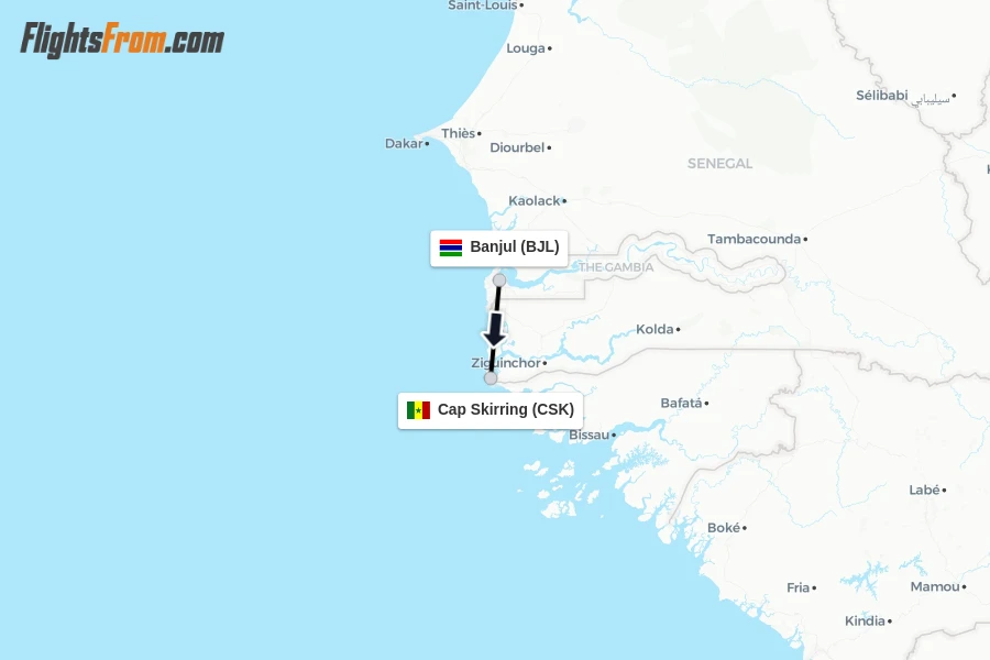 Flights from Banjul to Cap Skirring route map