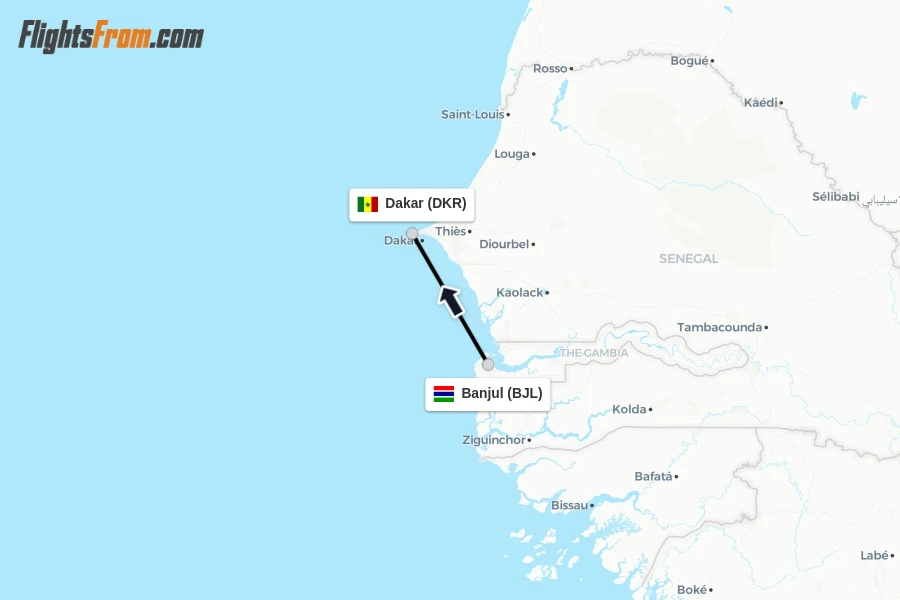 Flights from Banjul to Dakar route map