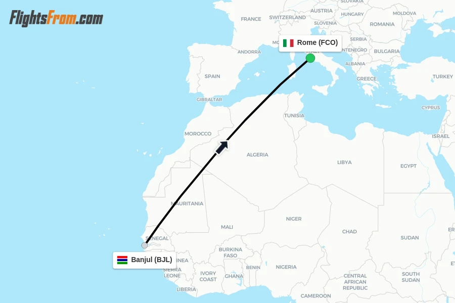 Flights from Banjul to Rome route map
