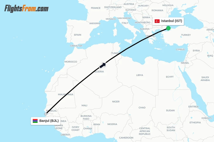 Flights from Banjul to Istanbul route map