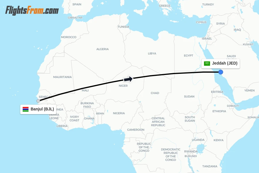 Flights from Banjul to Jeddah route map
