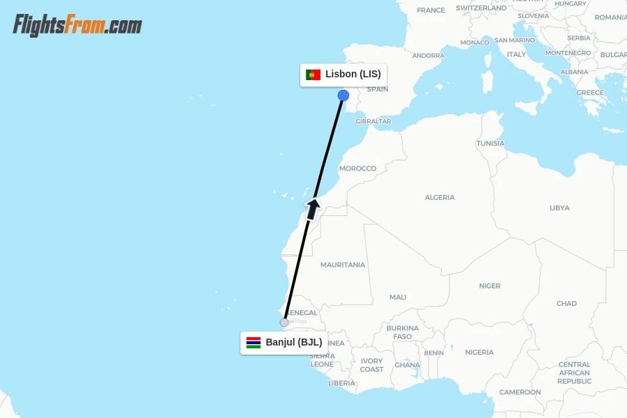Flights from Banjul to Lisbon route map