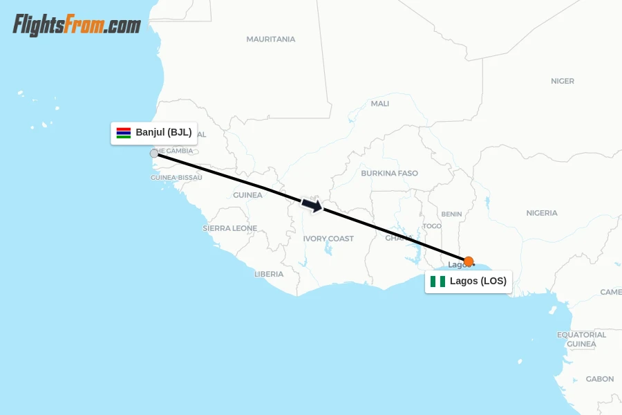 Flights from Banjul to Lagos route map