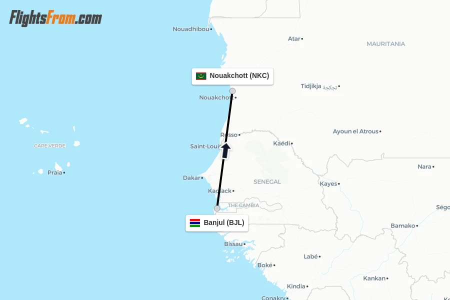 Flights from Banjul to Nouakchott route map