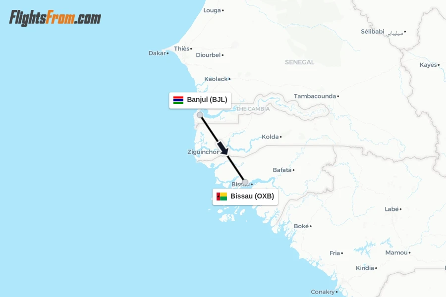 Flights from Banjul to Bissau route map