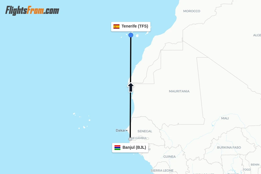 Flights from Banjul to Tenerife route map