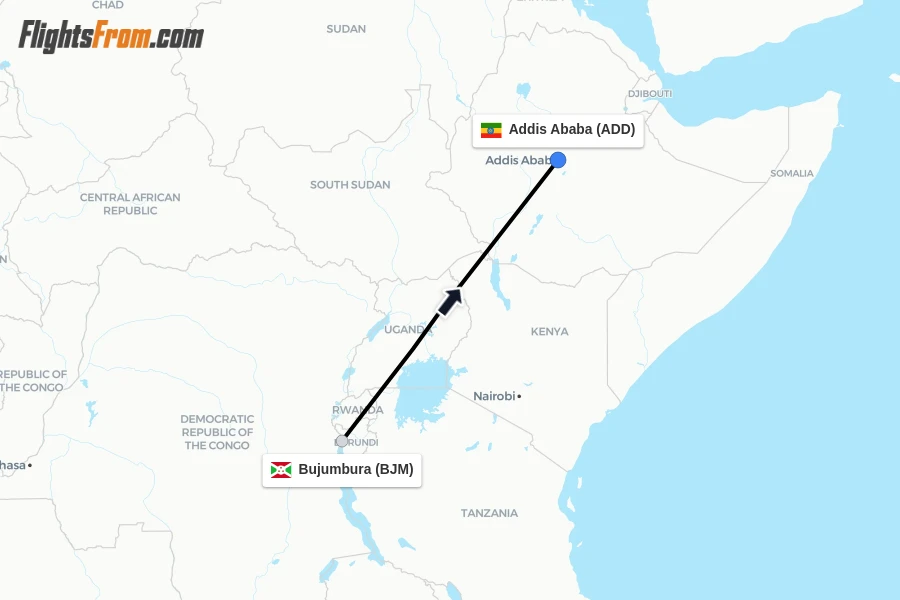 Flights from Bujumbura to Addis Ababa route map