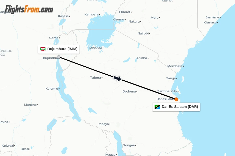 Flights from Bujumbura to Dar Es Salaam route map