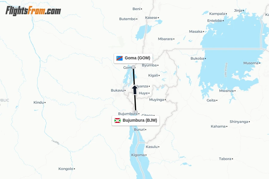 Flights from Bujumbura to Goma route map