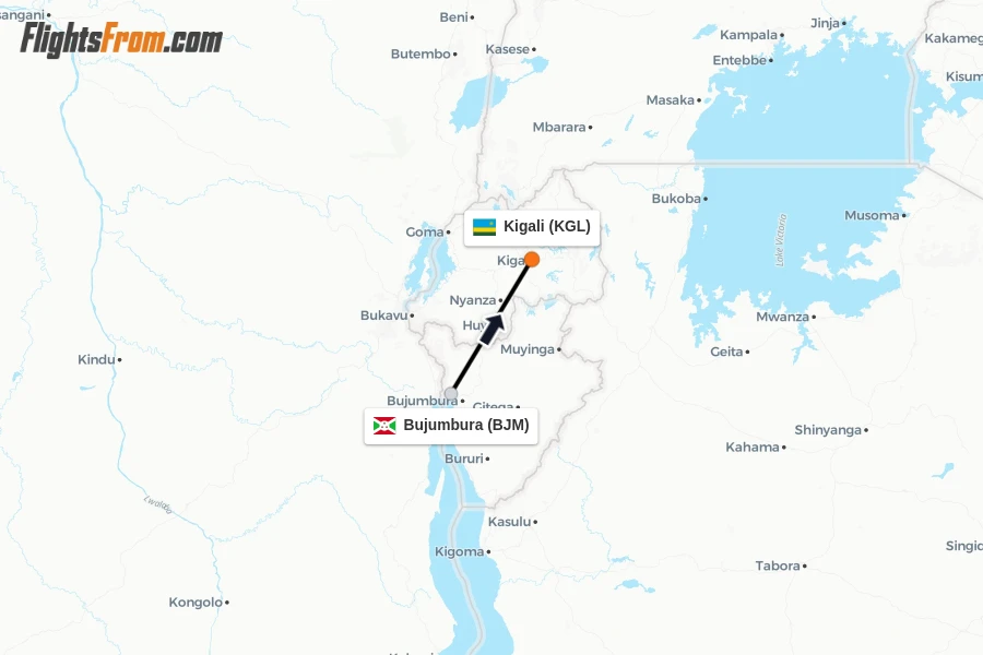 Flights from Bujumbura to Kigali route map
