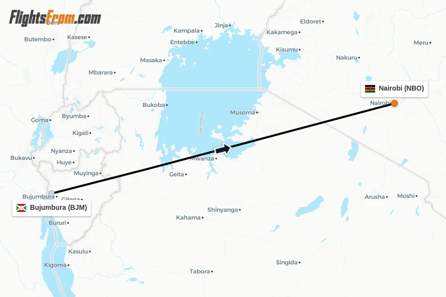 Flights from Bujumbura to Nairobi route map