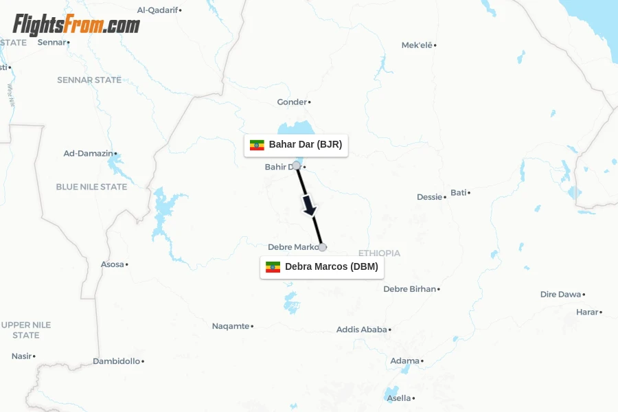 Flights from Bahar Dar to Debra Marcos route map