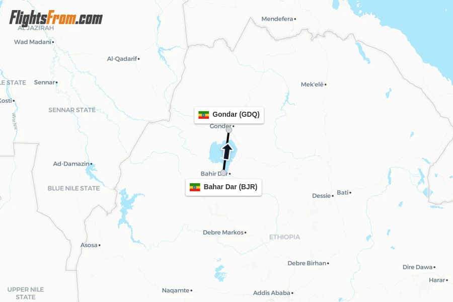 Flights from Bahar Dar to Gondar route map
