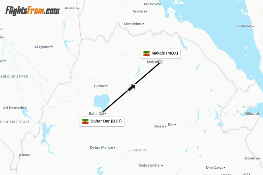 Flights from Bahar Dar to Makale route map