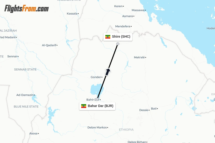 Flights from Bahar Dar to Shire route map